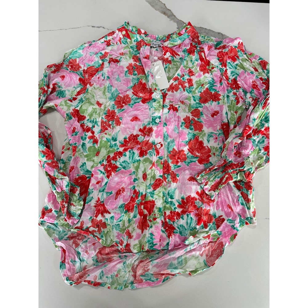 Fate Floral Button Down Blouse Pink Red Green Ruffle Neck Smocked‎ Cuff Rayon M